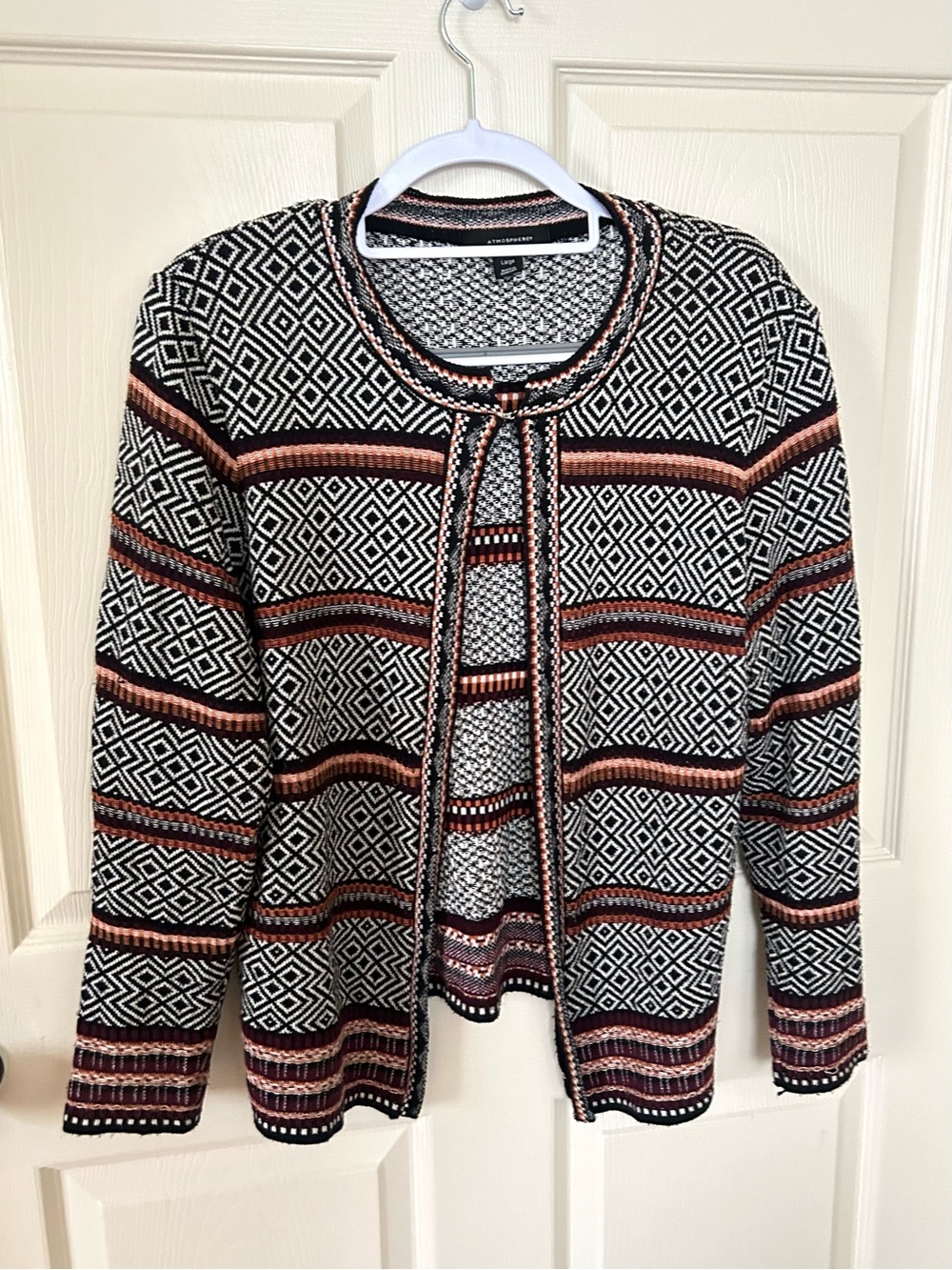 Atmosphere Geometric Knit Open Front Cardigan Size Large Cotton Blend Neutral